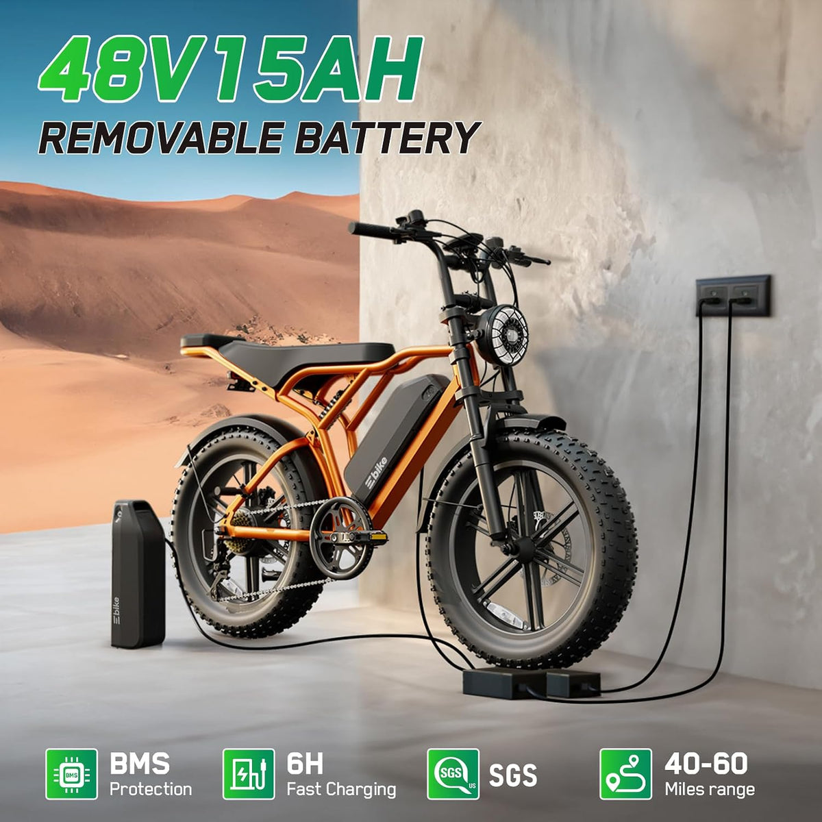 Long Range Fat Tyre E-Bike for Adults, 48V 15Ah Removable Battery, 1500W Peak Brushless Motor, Dual Suspension