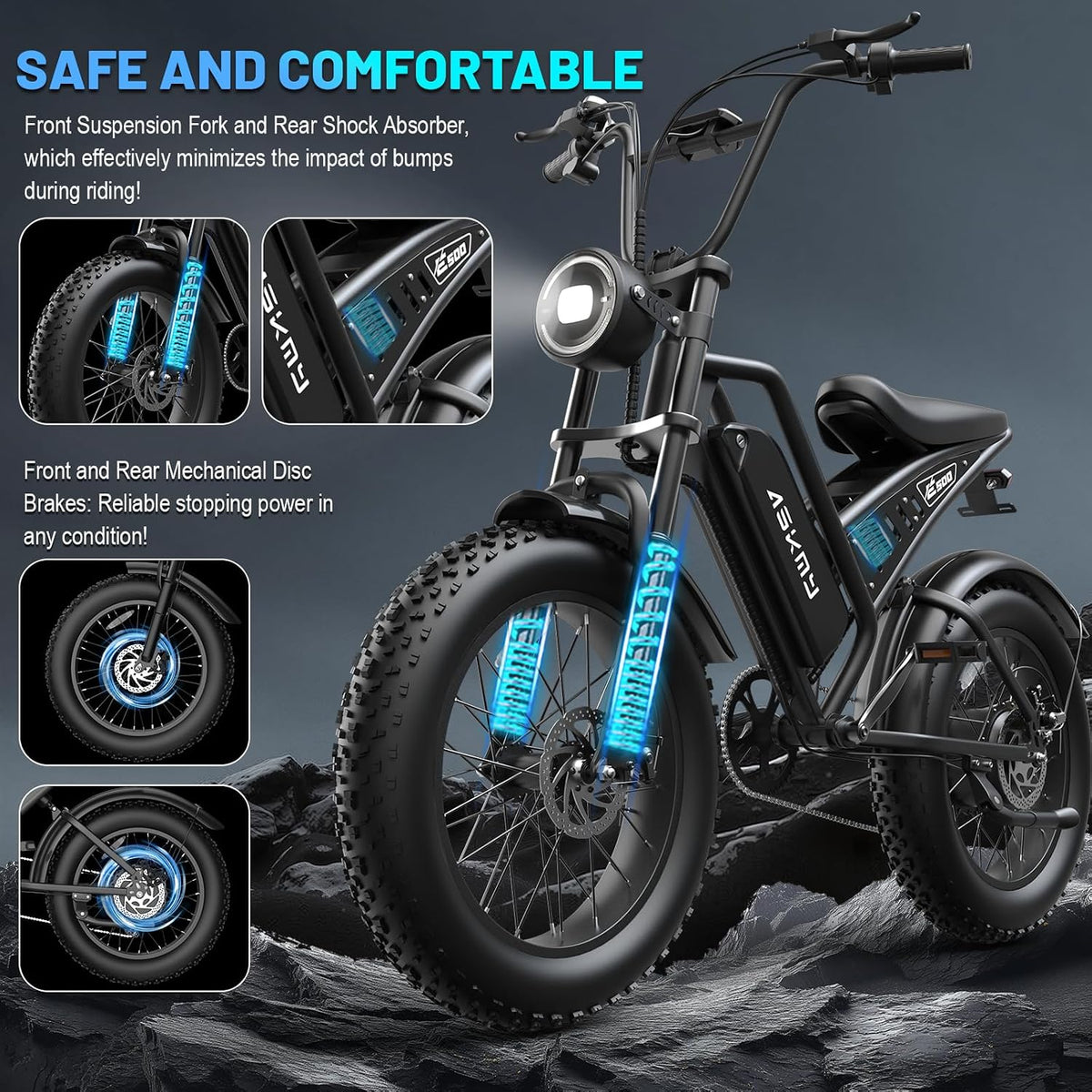 Electric Mountain Bike with 20-Inch Fat Tyres, 48V 15Ah Battery, 1500W Peak Motor, Dual Suspension