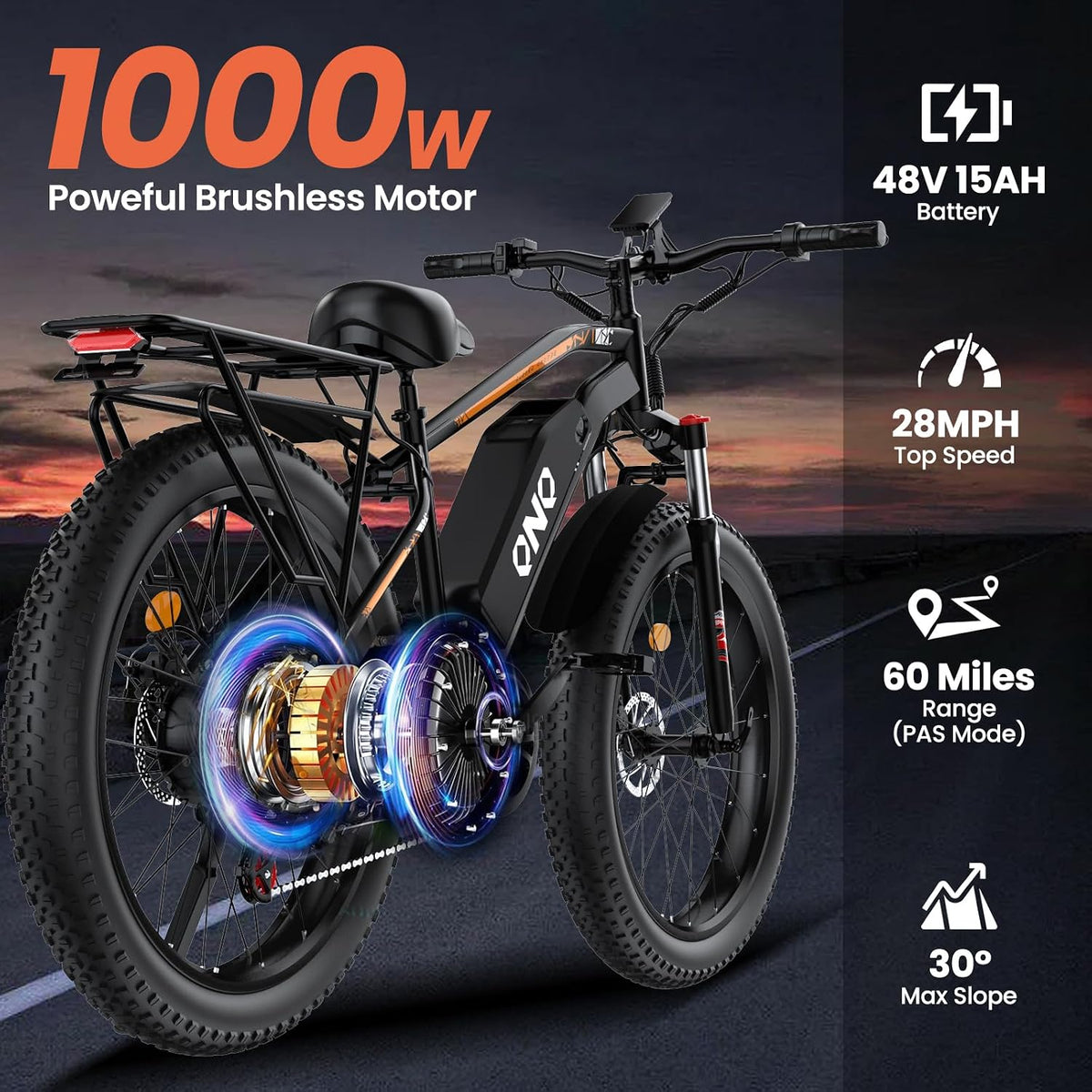 26-Inch Electric Mountain Bike with Fat Tyres, 48V 15Ah Battery, 1500W Peak Motor, Front Suspension & 7-Speed