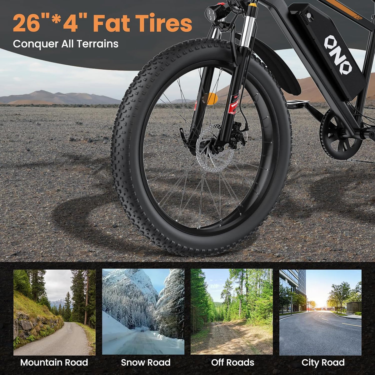 26-Inch Electric Mountain Bike with Fat Tyres, 48V 15Ah Battery, 1500W Peak Motor, Front Suspension & 7-Speed