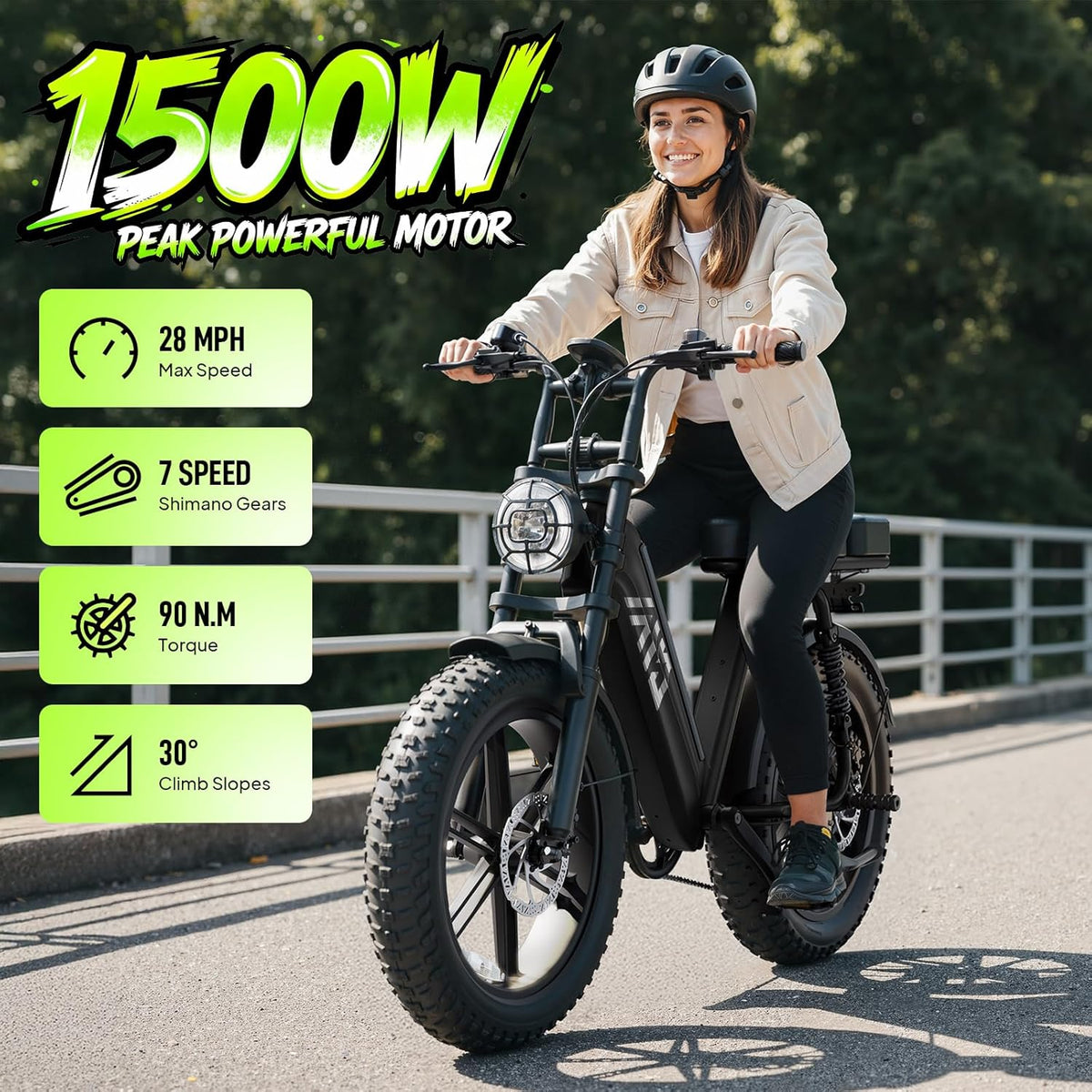 Step-Through Electric Bike with Fat Tyres, 48V 15Ah Removable Battery, 1500W Peak Motor, Full Suspension