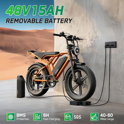 Long Range Fat Tyre E-Bike for Adults, 48V 15Ah Removable Battery, 1500W Peak Brushless Motor, Dual Suspension
