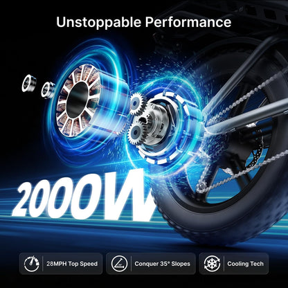 Long Range 48V 35Ah Fat Tyre Electric Bike, 2000W Peak Motor, Removable Battery, Dual Suspension & 7-Speed