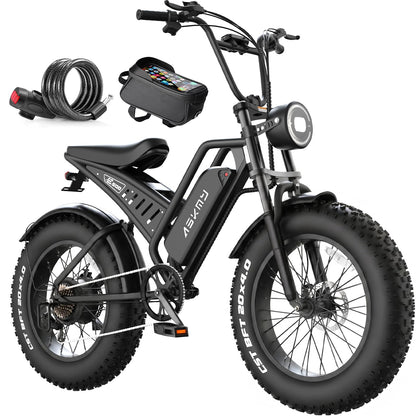 Electric Mountain Bike with 20-Inch Fat Tyres, 48V 15Ah Battery, 1500W Peak Motor, Dual Suspension