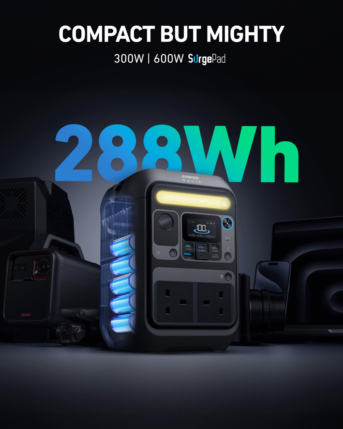 288WH 300W Portable Power Station - LiFePO4 Battery Solar Generator for Camping