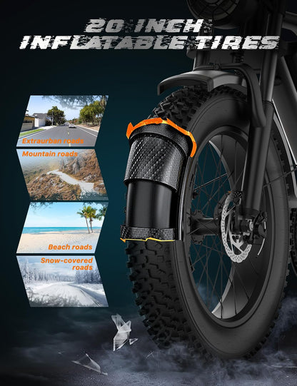 48V 20Ah 960Wh Fat Tyre E-Bike for Adults, 250W Brushless Motor, Removable Battery, Dual Suspension & 7-Speed