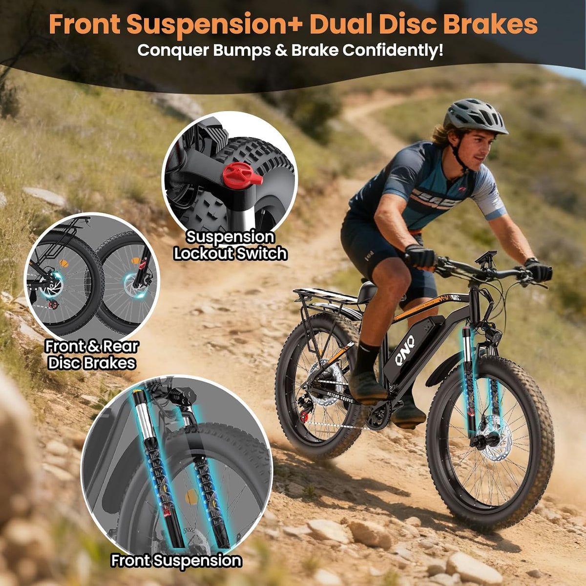 26-Inch Electric Mountain Bike with Fat Tyres, 48V 15Ah Battery, 1500W Peak Motor, Front Suspension & 7-Speed