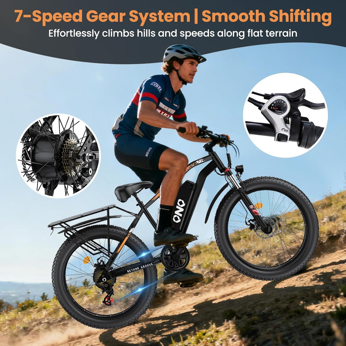 26-Inch Electric Mountain Bike with Fat Tyres, 48V 15Ah Battery, 1500W Peak Motor, Front Suspension & 7-Speed