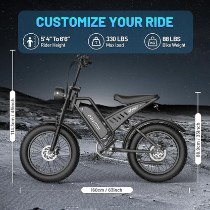 Electric Mountain Bike with 20-Inch Fat Tyres, 48V 15Ah Battery, 1500W Peak Motor, Dual Suspension