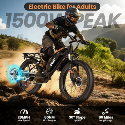 26-Inch Electric Mountain Bike with Fat Tyres, 48V 15Ah Battery, 1500W Peak Motor, Front Suspension & 7-Speed