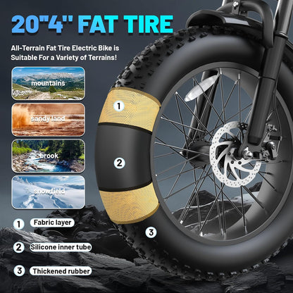 Electric Mountain Bike with 20-Inch Fat Tyres, 48V 15Ah Battery, 1500W Peak Motor, Dual Suspension
