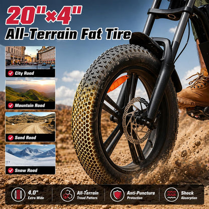 26-Inch Fat Tyre Electric Bike for Adults, 48V 13Ah Removable Battery, 1000W Peak Brushless Motor, Dual Suspension