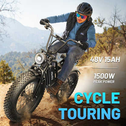 Electric Mountain Bike with 20-Inch Fat Tyres, 48V 15Ah Battery, 1500W Peak Motor, Dual Suspension