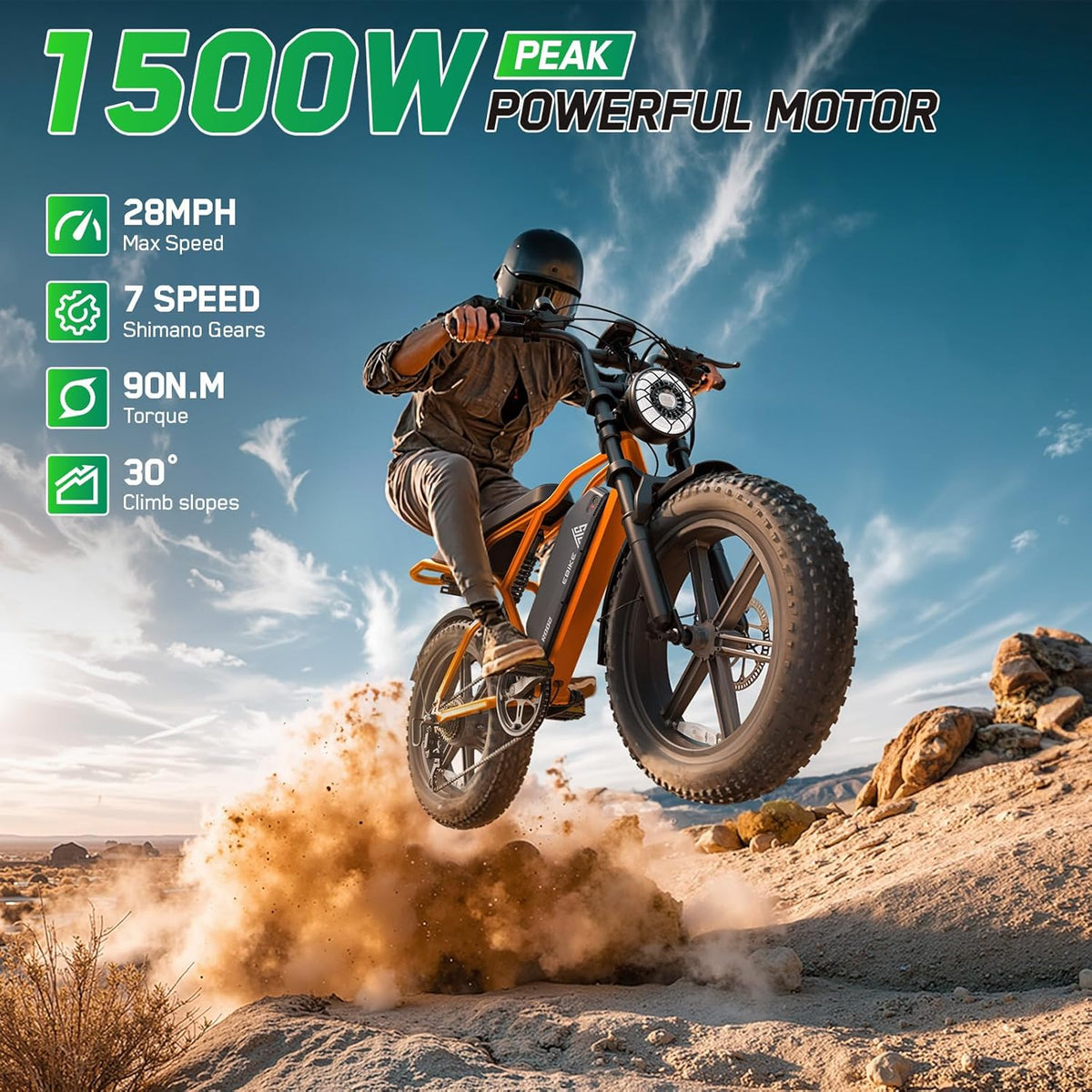 Long Range Fat Tyre E-Bike for Adults, 48V 15Ah Removable Battery, 1500W Peak Brushless Motor, Dual Suspension