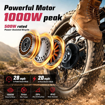 26-Inch Fat Tyre Electric Bike for Adults, 48V 13Ah Removable Battery, 1000W Peak Brushless Motor, Dual Suspension