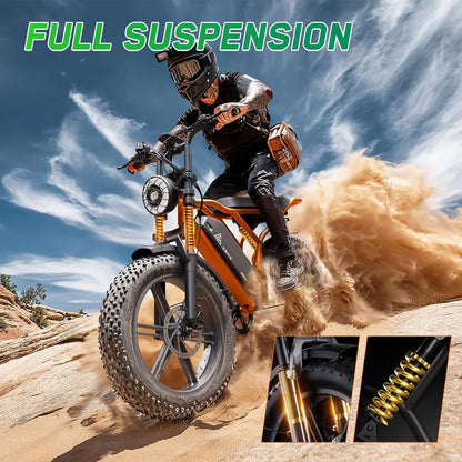 Long Range Fat Tyre E-Bike for Adults, 48V 15Ah Removable Battery, 1500W Peak Brushless Motor, Dual Suspension