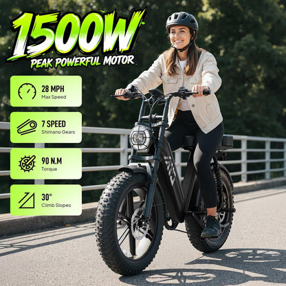 Step-Through Electric Bike with Fat Tyres, 48V 15Ah Removable Battery, 1500W Peak Motor, Full Suspension