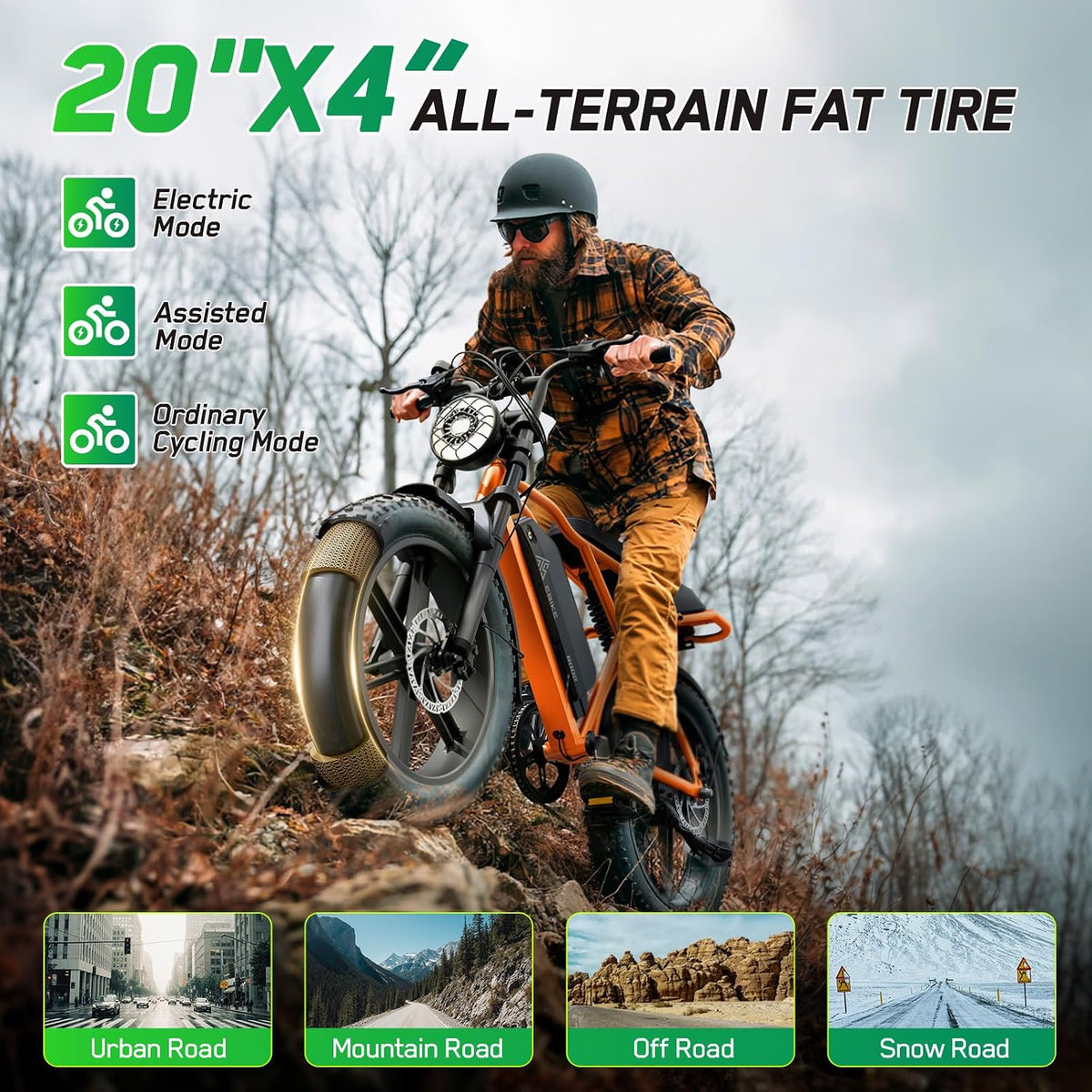Long Range Fat Tyre E-Bike for Adults, 48V 15Ah Removable Battery, 1500W Peak Brushless Motor, Dual Suspension
