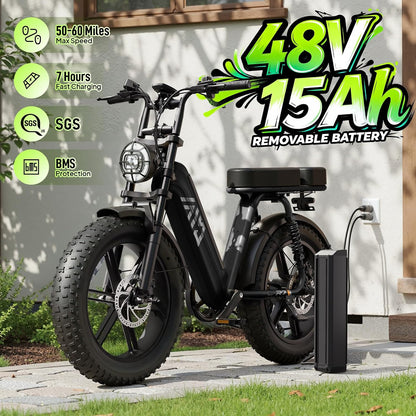 Step-Through Electric Bike with Fat Tyres, 48V 15Ah Removable Battery, 1500W Peak Motor, Full Suspension