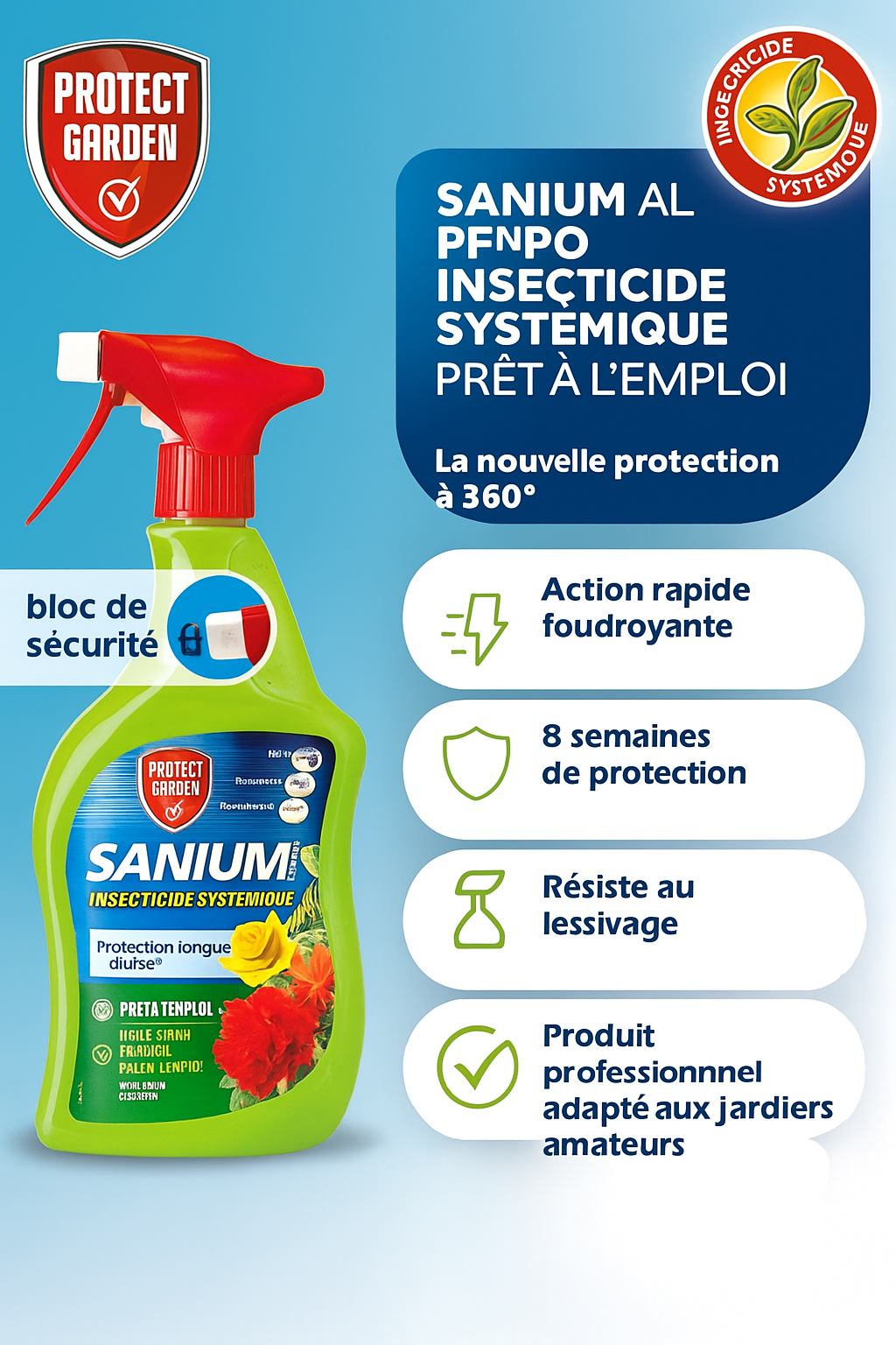 Insecticide Systémique Protect Garden Sanium Prêt à l’Emploi 800 ml – Protection contre Pucerons, Cochenilles et Mouche Blanche